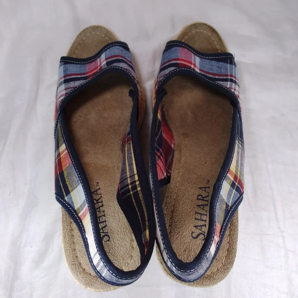 Sahara Buckley Plaid SANDALS Red White Blue Womens Size 10M Slingback Wedge Heel